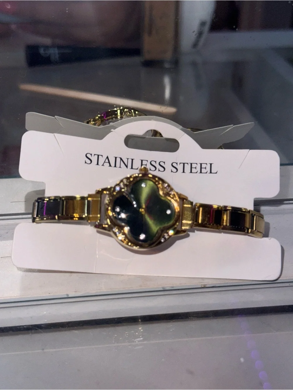 Gold Tone Stainless Steel Clover Face Bracelet Watch